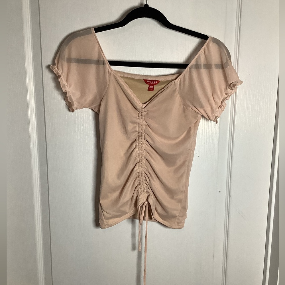 Y2K Guess mesh ruched front off the shoulder top
